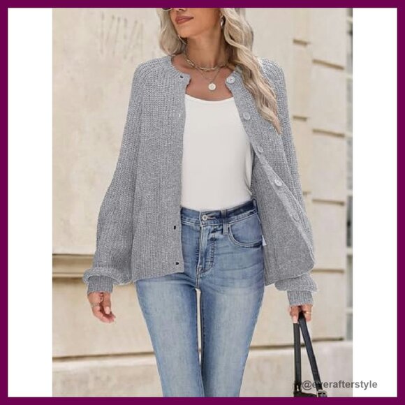 Chunky Knit Cardigan Women's Long Sleeve Cable Crewneck Button Down Oversized - Picture 3 of 8